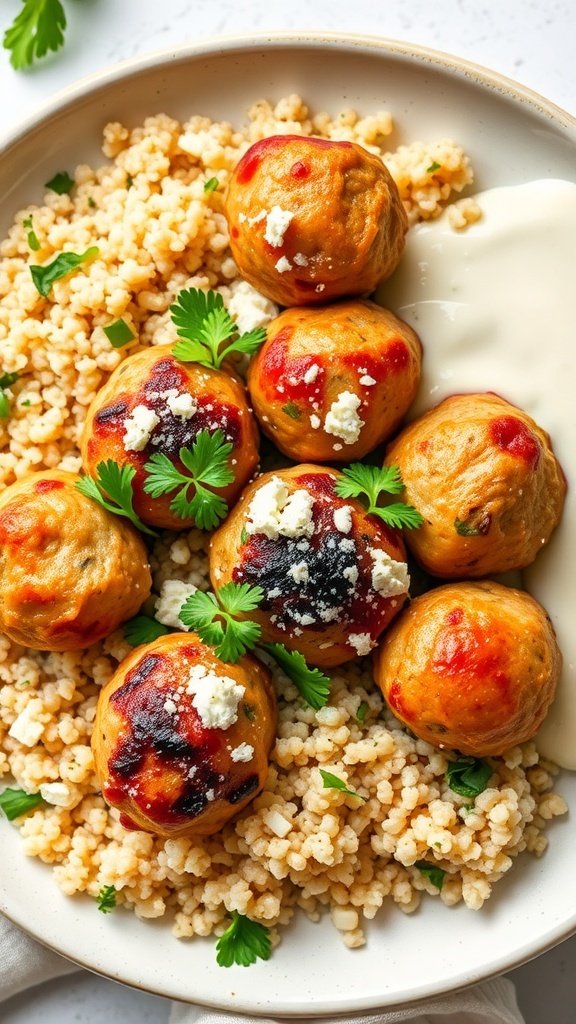 Greek chicken meatballs on quinoa with parsley and yogurt sauce.